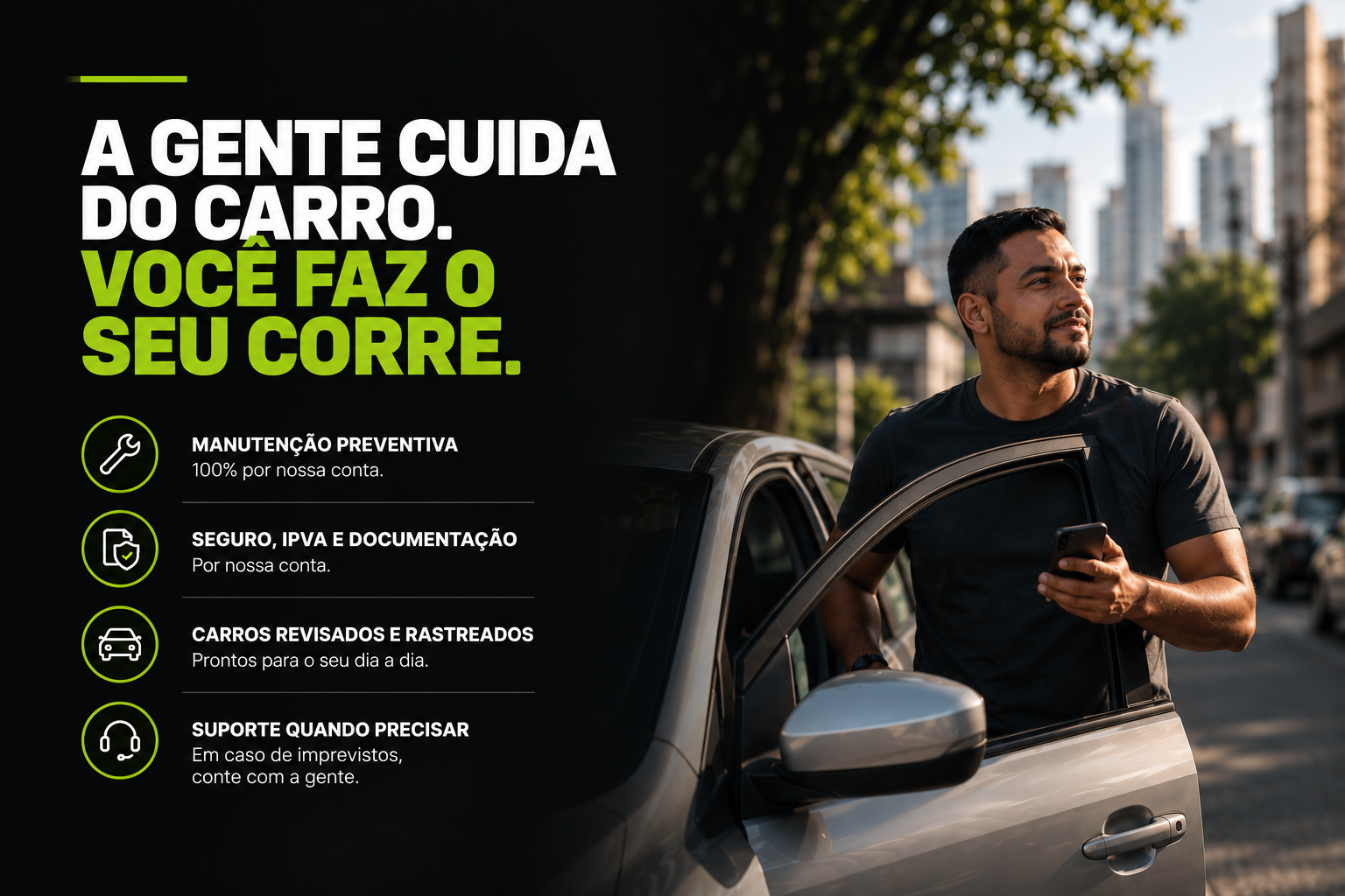 A gente cuida do carro. Você faz o seu corre: manutenção preventiva, seguro, IPVA, documentação, carros revisados e rastreados e suporte.