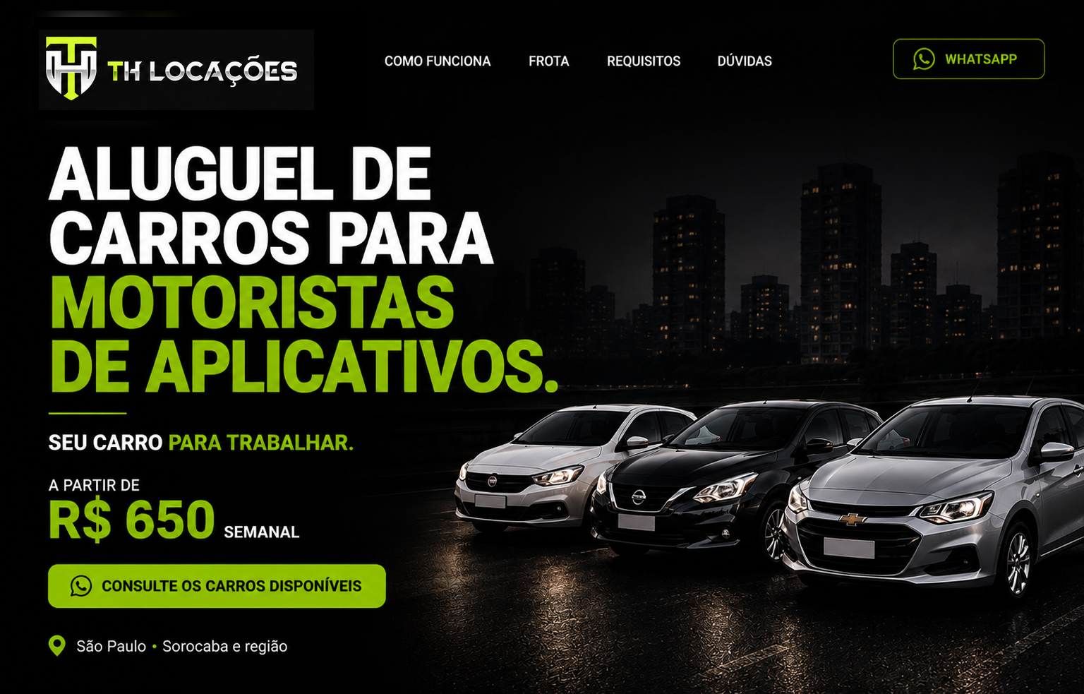 TH Locações — aluguel de carros para motoristas de aplicativos, a partir de R$ 650 semanal.
