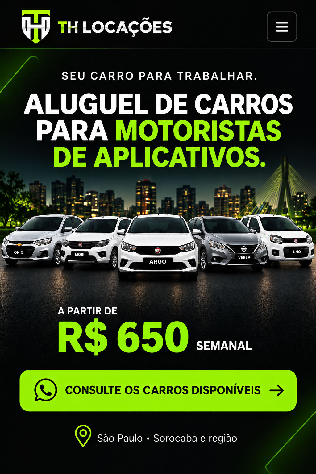TH Locações — aluguel de carros para motoristas de aplicativos, a partir de R$ 650 semanal, em São Paulo, Sorocaba e região.