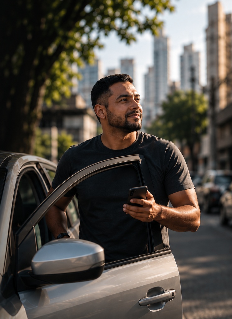 Motorista ao lado de veículo