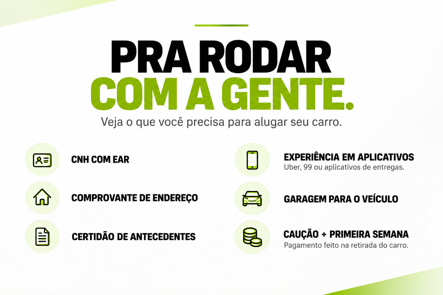 Pra rodar com a gente: CNH com EAR, comprovante de endereço, certidão de antecedentes, experiência em aplicativos, garagem e caução mais primeira semana.