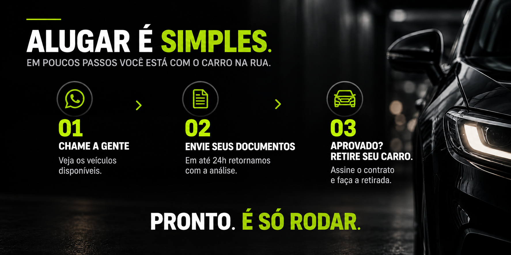 Alugar é simples: chame a gente, envie seus documentos e retire seu carro após aprovação.